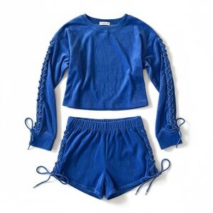 HONEY PUNCH Velour Lace-Up Lounge Set Blue 2-Piece Shorts Set